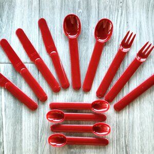 VINTAGE BODUM 13 PIECE MELAMINE PLASTIC RED FLATWARE UTENSILS RV CAMPING PICNIC
